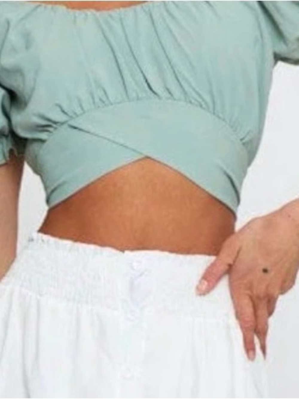 Better Be Mint Sage Puff-Sleeve Cropped Wrap Top💕